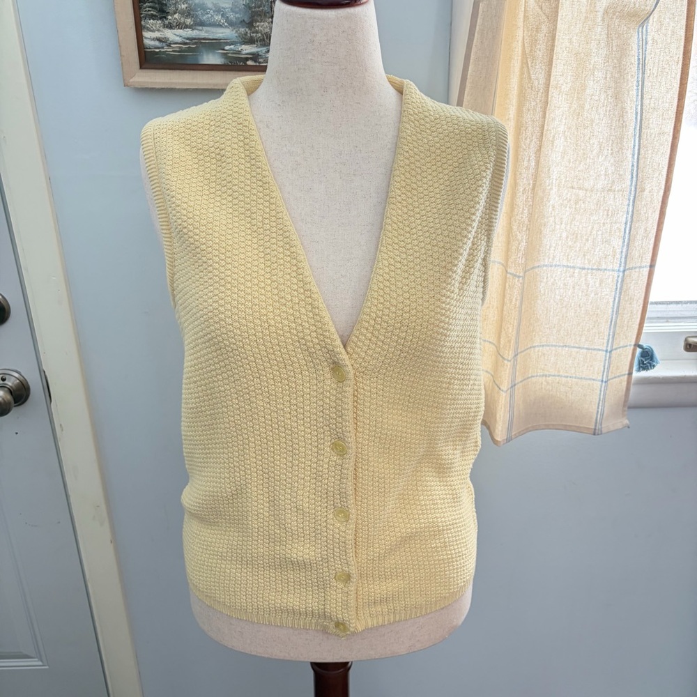 Vintage Cotton Butter Yellow Talbots Button Front Sweater 90s Mom Vest